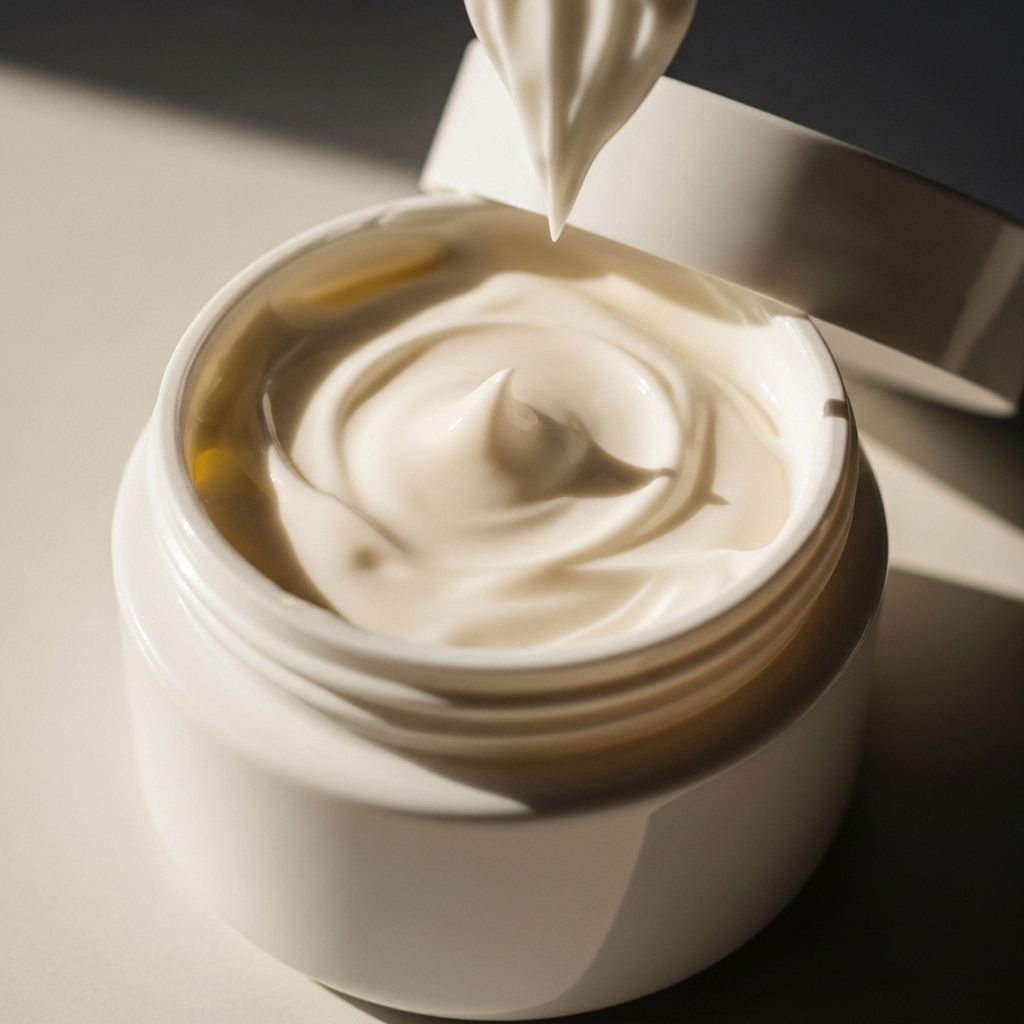 Keraaminen valkoinen purkki avattuna, josta näkyy kermainen emulsiotekstuuri luonnonvalossa — kuvaa ihonhoitovoiteen koostumusta