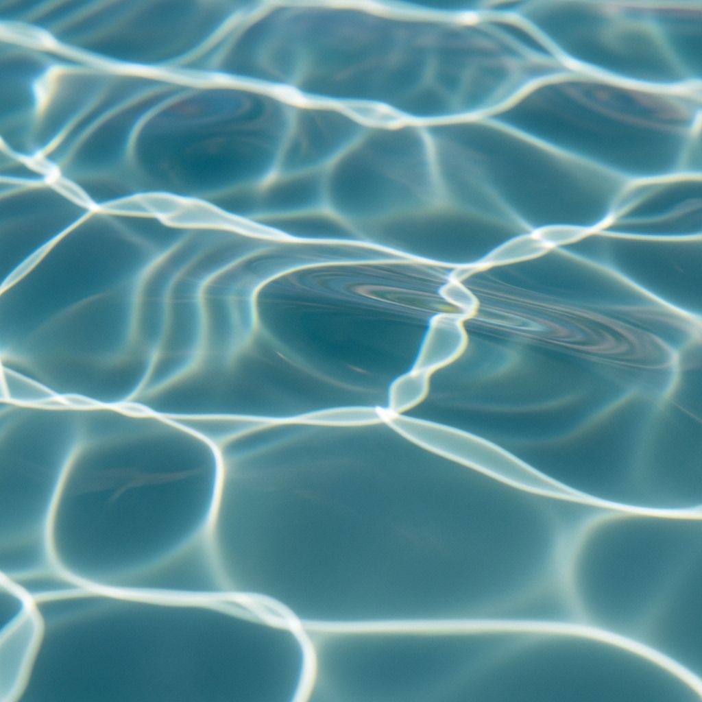 Lähikuva vedenpintaan heijastuvasta valosta, joka luo abstrakteja sinisiä ja vihreitä aaltomaisia kuvioita — symboli ihon kosteuttamisen mekanismeista